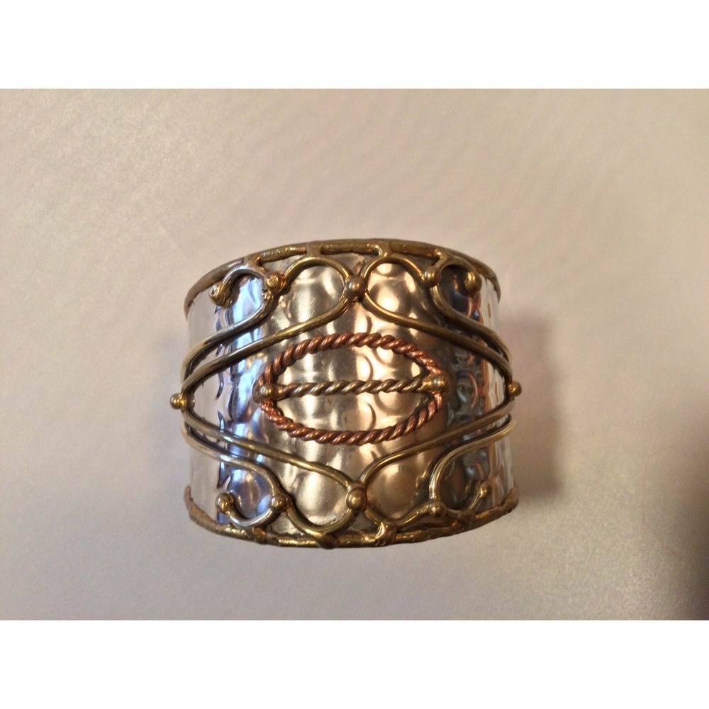 Vintage Silvertone Metal, Copper, Brass Wide Cuff Bracelet